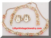 Vintage Coral Plastic Roses faux Pearls Necklace Bracelet Earrings Set