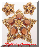 Vintage CORO Topaz Rhinestones Stars Brooch Earrings Set