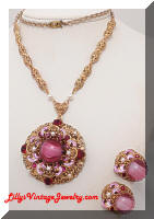 GERMANY Vintage Pink Red Filigree Pendant Necklace Earrings Set