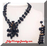 Vintage GERMANY Black Glass Beads Necklace Earrings Set