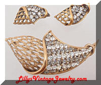 Vintage J.J. Golden Gray Clear Rhinestones Brooch Earrings Set