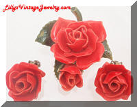 Vintage Plastic Red Roses Brooch Earrings Set