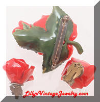 Vintage Plastic Red Roses Brooch Earrings Set