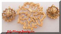 Trifari golden coral textured brooch earrings set