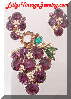 Vintage WEISS Purple Rhinestones Grapes Brooch Earrings Set