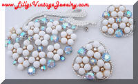 Blue AB Rhinestones White Beads Floral Brooch Earrings Set