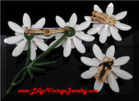 Vintage Brown White Enamel Flowers Brooch Earrings Set