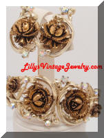 Vintage Goldtone Roses AB Rhinestones Clamper Bracelet & Earrings Set