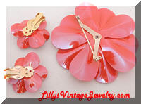 Iridescent Pink Orange Enamel Pearls Flowers Brooch earrings set