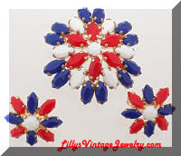 Vintage Patriotic Rhinestones Flowers Brooch Earrings Set
