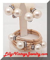 Vintage Rhinestone Roundels Pearls Wrap Bracelet Earrings Set