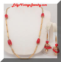 Golden Links Red Beads Necklace Dangle Earrings Set