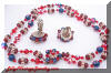 Vintage Red Blue Pink Beads Necklace and Earrings Set