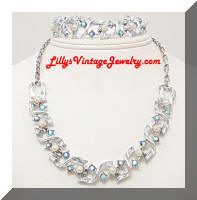 Vintage Silver Ribbon AB Rhinestones Pearls Necklace Bracelet Set
